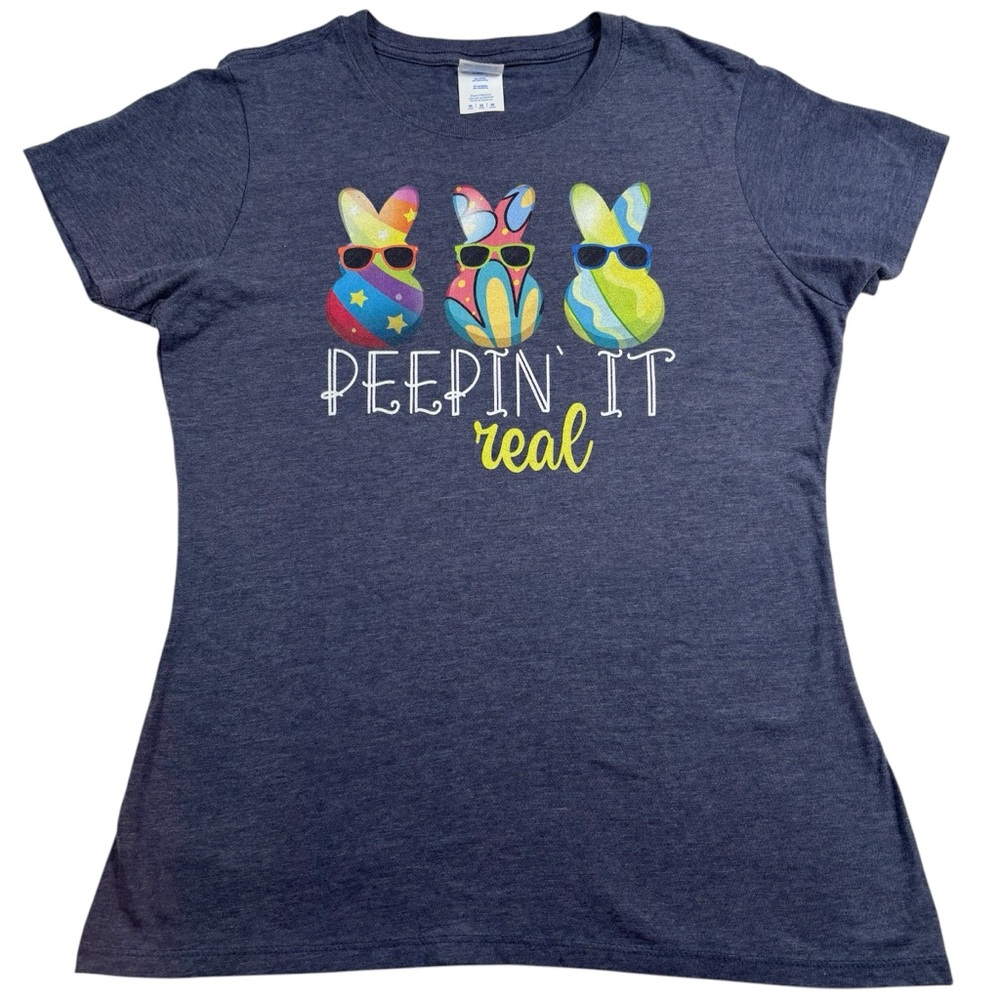 PEEPS Women Top T Shirt “ Peepin It Real”‎ Medium Casual Fun Blue